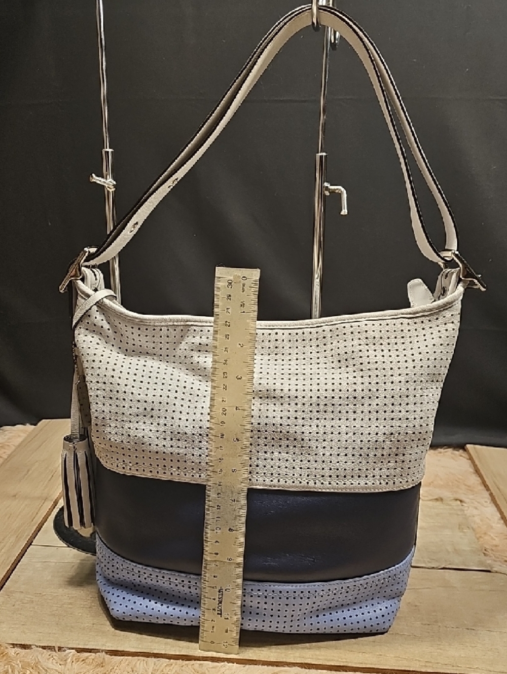 Coach three-Tone Perforated Leather Hobo in White, Navy & Light Blue - Picture 7 of 11